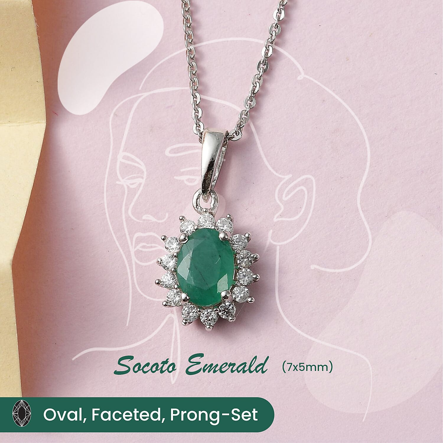 Socoto Emerald and Natural Zircon Halo Pendant with Chain (Size 20) in Platinum Overlay Sterling Silver 1.05 Ct